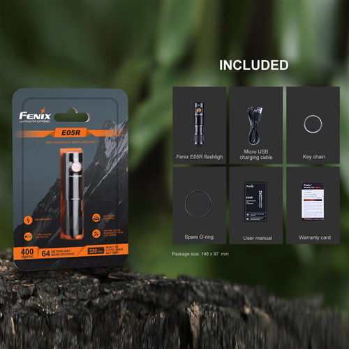 Fenix - Wiederaufladbare LED Taschenlampe E05R - Schlüsselanhänger - 400 Lumen - Schwarz - 039-493 - LED-Taschenlampen