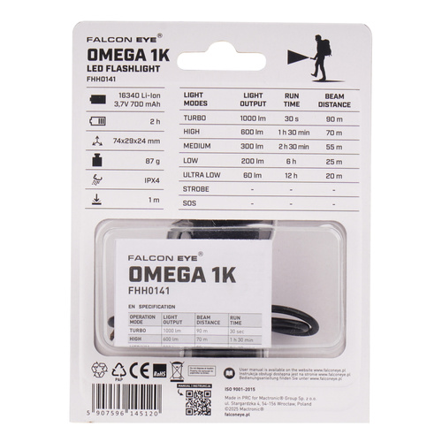 Falcon Eye - Hand-Taschenlampe Omega 1K - Blitzlicht - 1000 lm - Schwarz/Rot - FHH0141 - LED-Taschenlampen - Outdoor