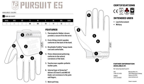Mechanix - Pursuit E5 Covert Cut Resistant Handschuhe - Schwarz - TSCR-55 - Taktisch Handschuhe