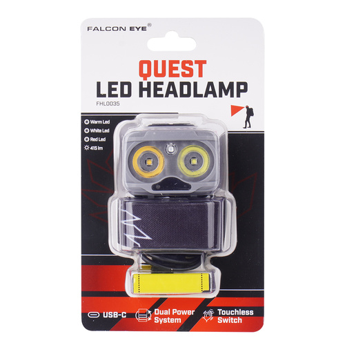 LED-Taschenlampen - Falcon Eye - Stirnlampe Quest - 415lm - USB-C - Wiederaufladbar - Dual Power System - Grau - FHL0035
