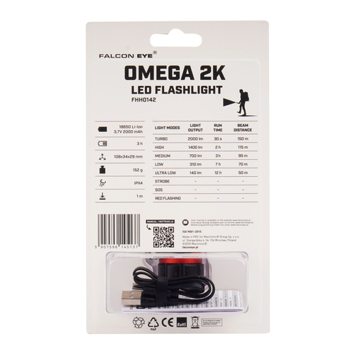 Falcon Eye - Hand-Taschenlampe Omega 2K - Blitzlicht - 2000 lm - Schwarz/Rot - FHH0142 - LED-Taschenlampen