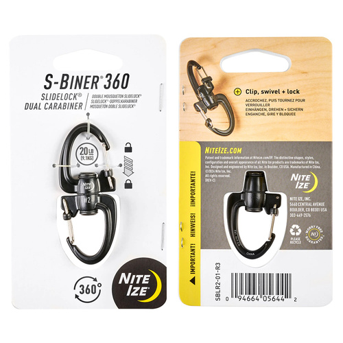 Nite Ize - Karabiner S-Biner 360 SlideLock Dual Carabiner #2 - Schwarz - SBLR2-01-R3 - Stahlkarabiner - Outdoor