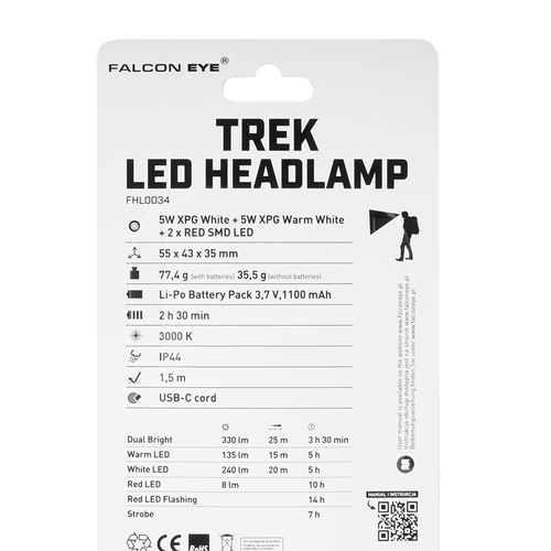 Falcon Eye - Stirnlampe Trek - 330lm - USB-C - Wiederaufladbar - Dual Power System - Grün - FHL0034 - LED-Taschenlampen - Outdoor